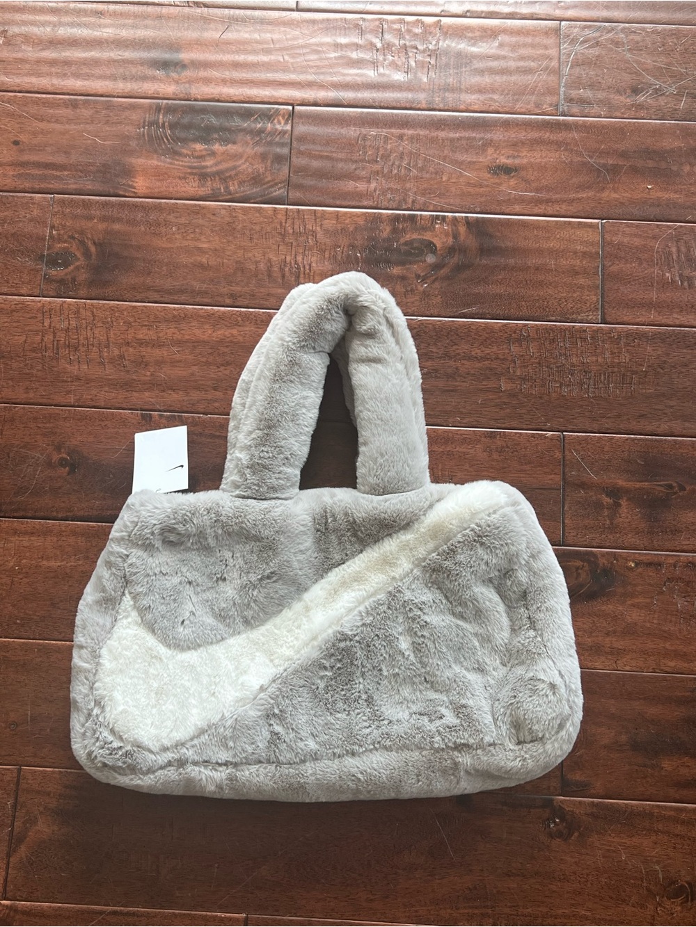Nike Light Gray Faux-Fur Shoulder Bag with White Swoosh